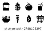 A set of black icons representing healthy food and drink, grocery shopping concepts, including a market stand, avocado, tomato, smoothie, salad, carrot, leaf, and shopping basket.