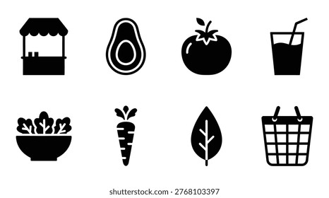 A set of black icons representing healthy food and drink, grocery shopping concepts, including a market stand, avocado, tomato, smoothie, salad, carrot, leaf, and shopping basket.