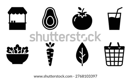 A set of black icons representing healthy food and drink, grocery shopping concepts, including a market stand, avocado, tomato, smoothie, salad, carrot, leaf, and shopping basket.