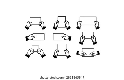 Set of black icons representing human hands holding a paper.