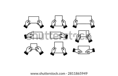 Set of black icons representing human hands holding a paper.