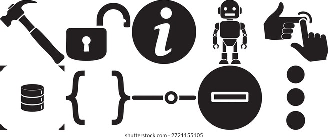 Set of black icons representing manual construction hammer security unlock information robot automation finger touch gesture database server coding brackets and menu options list