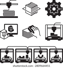 Set of black icons representing threedimensional printing process and manufacturing technology