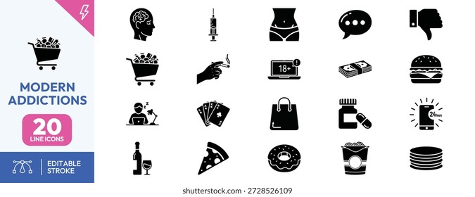Conjunto de iconos negros que representan varias adicciones y hábitos modernos sobre fondo blanco