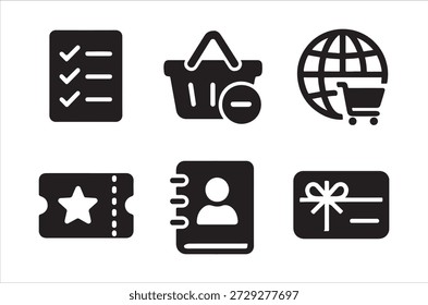 A set of black icons representing various ecommerce, business, and personal concepts.