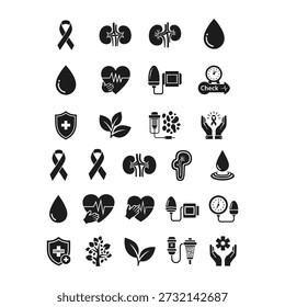 Un conjunto de iconos negros que representan varios conceptos médicos y de salud, incluidos órganos, cintas y símbolos, dispuestos en filas sobre un fondo blanco puro