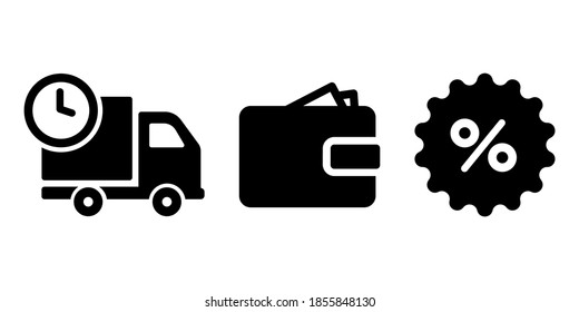 set of black icons for sales in an online store, icons in a flat style car delivery, wallet and interest,
isolated on white background. Vector illustration EPS 10