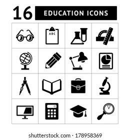 Set black icons of school and education isolated on white. Vector illustration