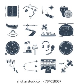 set of black icons sea and air navigation, piloting, equipment, devices