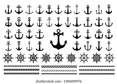 Set of black icons  of sea theme -  anchors, ropes and sea wheels svg