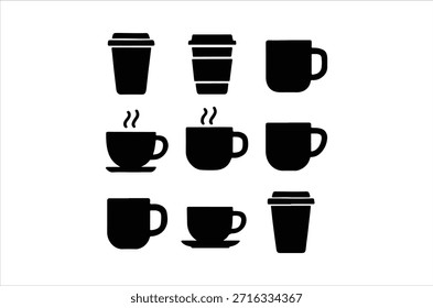 Un conjunto de iconos negros que muestran diferentes estilos de tazas de café y té.