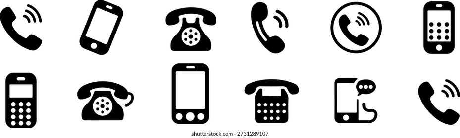 A set of black icons showcasing different styles of phones from vintage to modern smartphones.