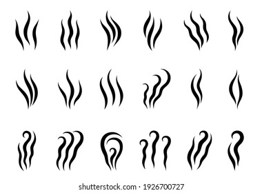 Set of black icons of smells, steam, smoke and fog. Jets of air, waves of evaporation and the stench of aromas. Isolated vapor silhouettes on a white background