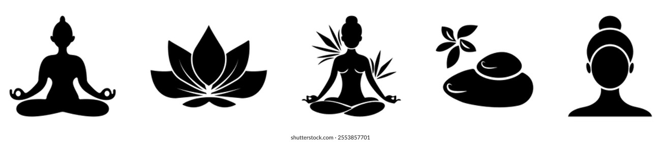 Set of black icons for spa and yoga. Can use for cosmetics, beauty, tattoo, Spa, feminine, jewelry store