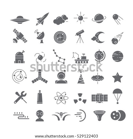 Set of black icons with space devices