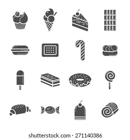 Set of black icons in the style of the flat. Collection of sweet desserts. Vector illustration.