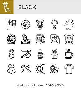 Set of black icons. Such as Microphone, Race flag, Compass, Lobster, Male, Love, Troglodyte, Chess, Mobile, Announcement, Alarm clock, Wedding ring, Ham, Coin, Pencil box , black icons