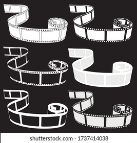 Set of black icons of swirling film strip in isolate on a black background. Vector illustration.