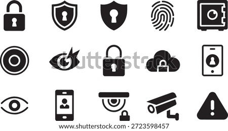 Set of black icons symbolizing security and surveillance Page including locks, shields, cameras, and warning signs Page on a white background, representing protection, vigilance, and cybersecurity Page measures.