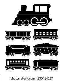 set black icons with train cars for travel or cargo delivery
