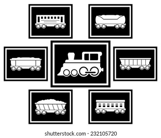 set black icons with train and cars for railway  transportation