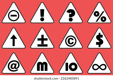 Conjunto de iconos negros en triángulo sobre fondo rojo. Ilustración vectorial. Signos de información, iconos triangulares, signos de advertencia