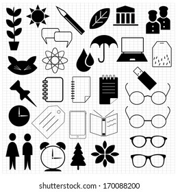 A set of black icons of various things