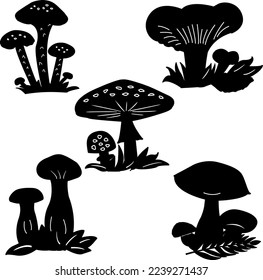 Set of black icons of vector mushrooms. Cartoon illustrations of forest mushrooms. Porcini, king trumpet, honey agaric, fly agaric, mushroom chanterelle