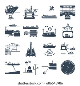 set of black icons water transport and sea port, oil platform, dry cargo ship, bulk carrier