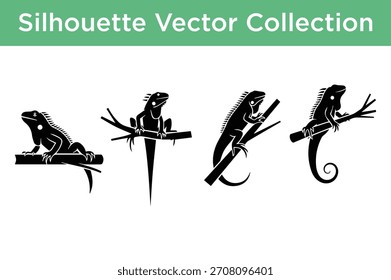Conjunto de siluetas de iguana negra en varias poses en las ramas de los árboles. Perfecto para Elementos de diseño, logotipos o materiales educativos.