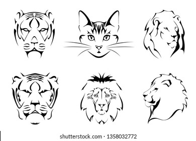 Set of black images of cats on a white background. Ñat, tiger, lion. Vector illustration
