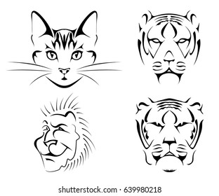 Set of black images of cats on a white background. Ð¡at, tiger, lion. Vector illustration
