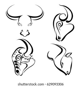 Set of  black images of head wild bulls. Buffalo on a white background. Vector illustration