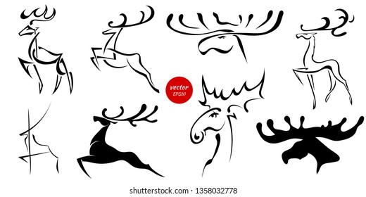 Set of black images of moose and deer. Abstract drawings of animals on a white background. Vector illustration