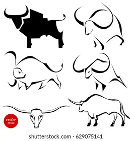 Set of black images of wild bulls. Abstract stylized buffalo on a white background. Vector illustration