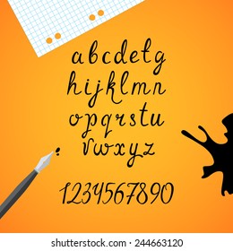 Set of the black imitation ink lower case letters with numerals. Vector font.