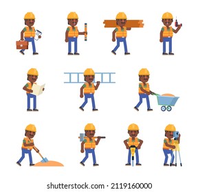 Set of black or indian construction workers showing various actions. Cheerful workman holding drill, jackhammer, ladder and other tools. Modern vector illustration