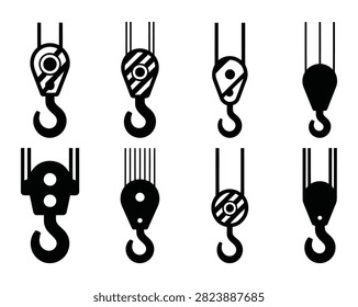 Set of black industrial crane hook block pulley icons