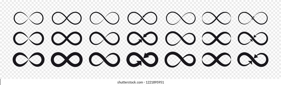 Set of black infinity symbols and signs silhouettes. Isolated on transparent background.