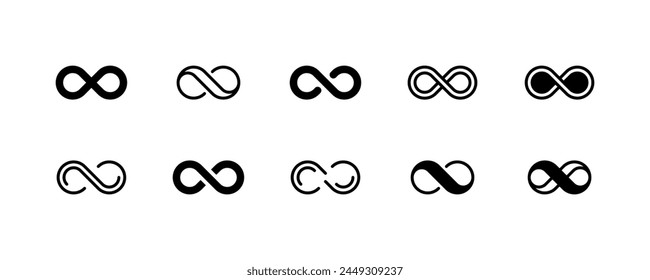 Set of black infinity vector symbols. Endless, infinite, eternal vector icons. Forever and limitless signs.