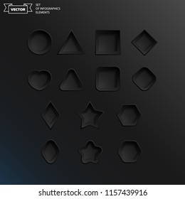 Set of black infographics elements on black background. Vector assets for ui design. Set of buttons for web or game design.