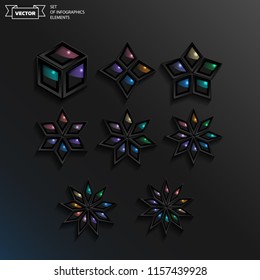 Set of black infographics elements on black background. Vector assets for ui design. Set of buttons for web or game design. Set of stars.