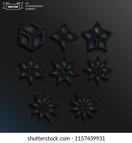 Set of black infographics elements on black background. Vector assets for ui design. Set of buttons for web or game design. Set of stars.