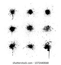 Set of black ink blots. Ink splash collection. Dirty artistic design elements. Vector illustration. Isolated on white background.