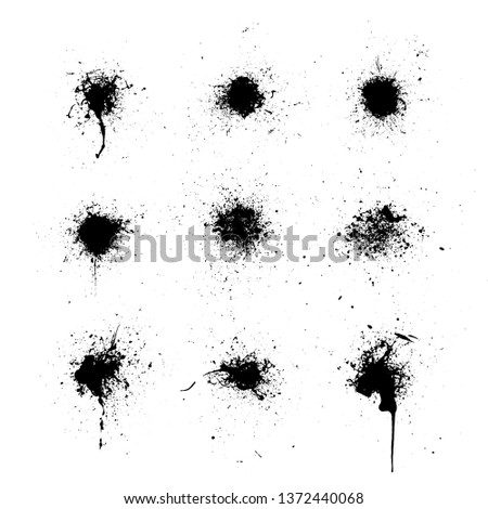 Set of black ink blots. Ink splash collection. Dirty artistic design elements. Vector illustration. Isolated on white background.