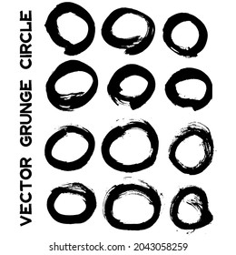 Set of black ink brush circle strokes. Chinese calligraphy black brushes line isolated on white background. Dirty abstract grunge artistic design element for poster, banner, flyer. Vector illustration