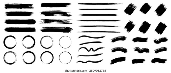Set of Black Ink Brush Stroke. Grunge Paint Brush Stroke, Ink Splash, Paint Brush Stroke, Distressed Ink Vector. Black Watercolor Splatter, Texture, Frame and Abstract Background for Social Media. Cir