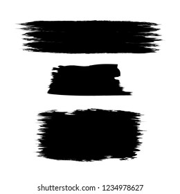 Set of black ink brush strokes shapes for decor of banners, frames, inscriptions, logos in grunge design. Set of black paint, lines. Dirty artistic design elements.