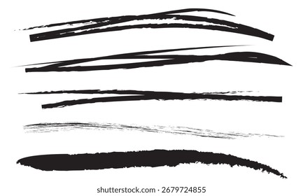 Set of black ink brush strokes. Collection of textured black ink brush strokes with varying thickness, rough edges, and artistic design elements useful for digital art backgrounds. Vector 10eps
