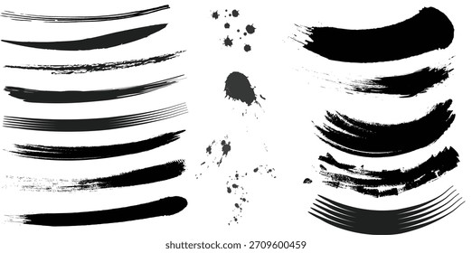 Conjunto de traçados de pincel de tinta preta, texturas grunge e manchas de tinta para elementos de design gráfico